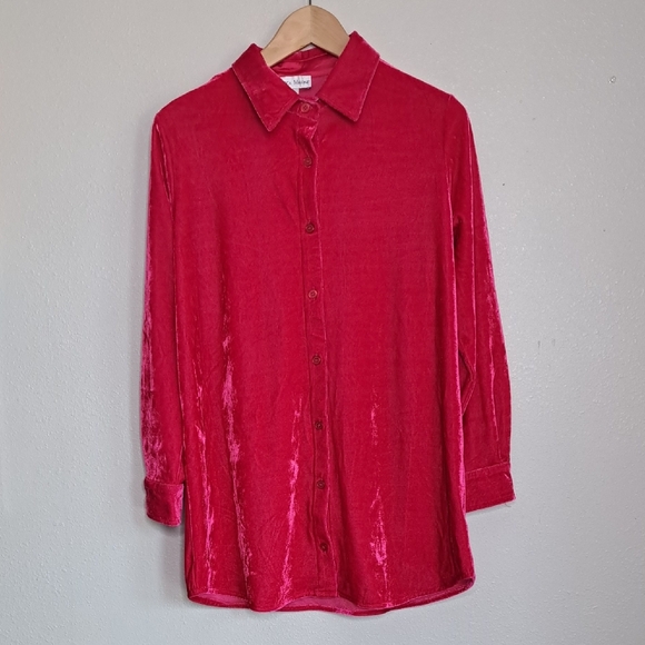 Rebecca Malone Tops - Rebecca Malone Fuchsia Pink Velvet Collared Button-up Tunic Blouse Long Slv S